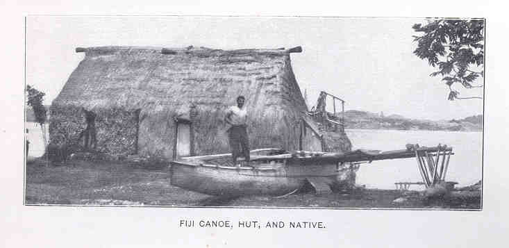 An archival view of a canoe and thatched building in Fiji around 1900