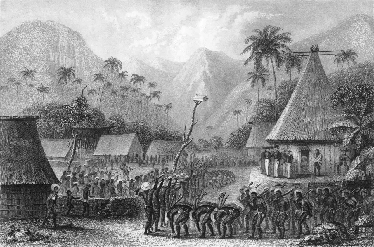 Original: A club dance watched by officers of the United States Exploring Expedition — 19th-century engraving